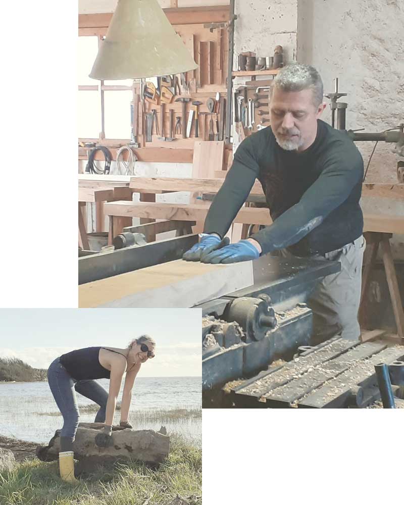 Patrick Salvany dans l'atelier Cab'océane à Jonzac. Il crée des objets décoratifs à partir de bois flotté. Cécilia Salvany est sur une plage en Charente-Maritime et ramasse du bois flotté pour en faire des objets décoratifs